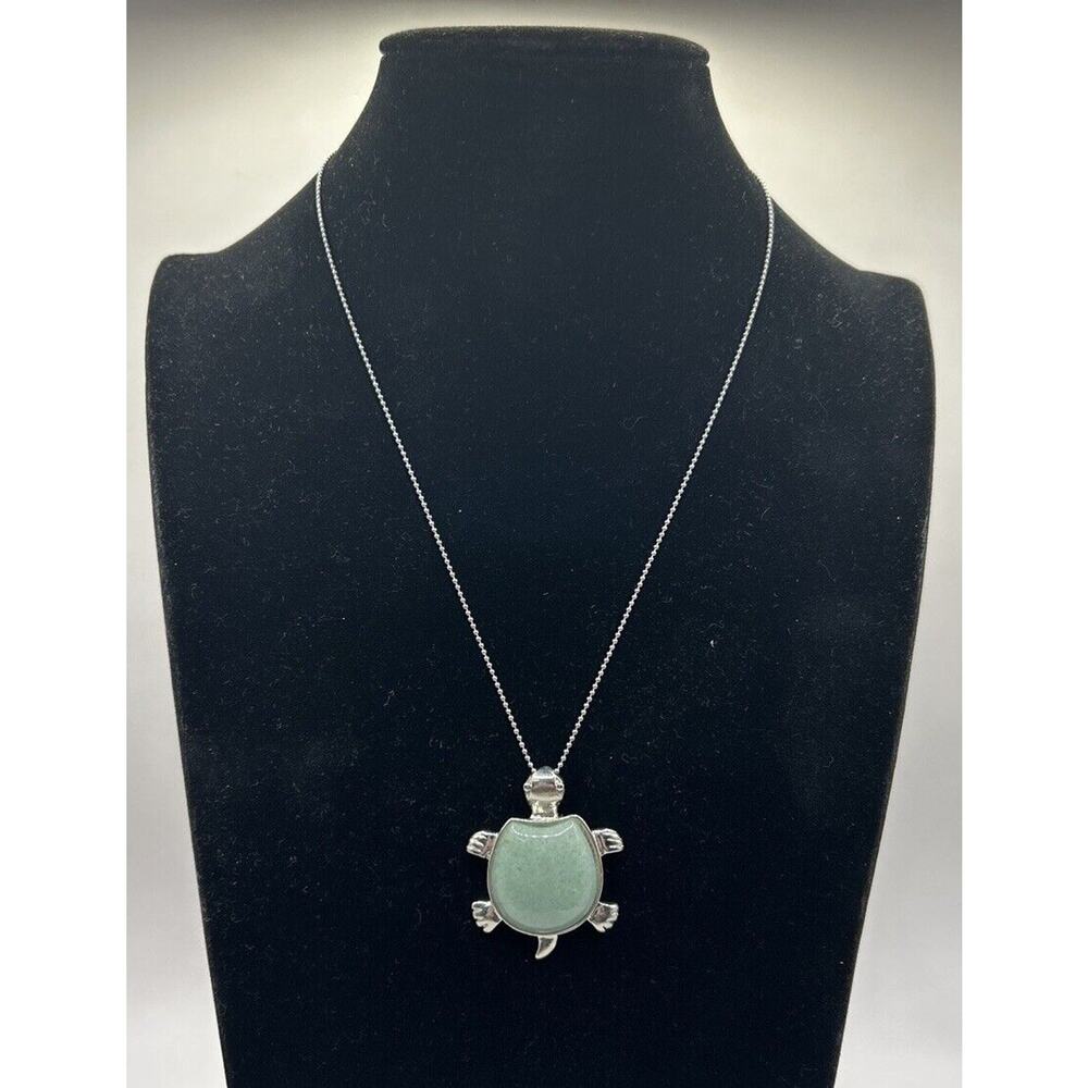 Silver Plated Turtle Pendant With Green Faux Gemstone Aileron Chain 18” Boho